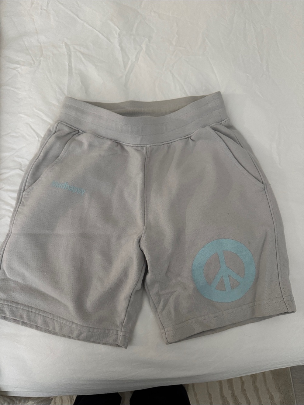 Madhappy Light Gray Shorts with Blue Peace Graphic
